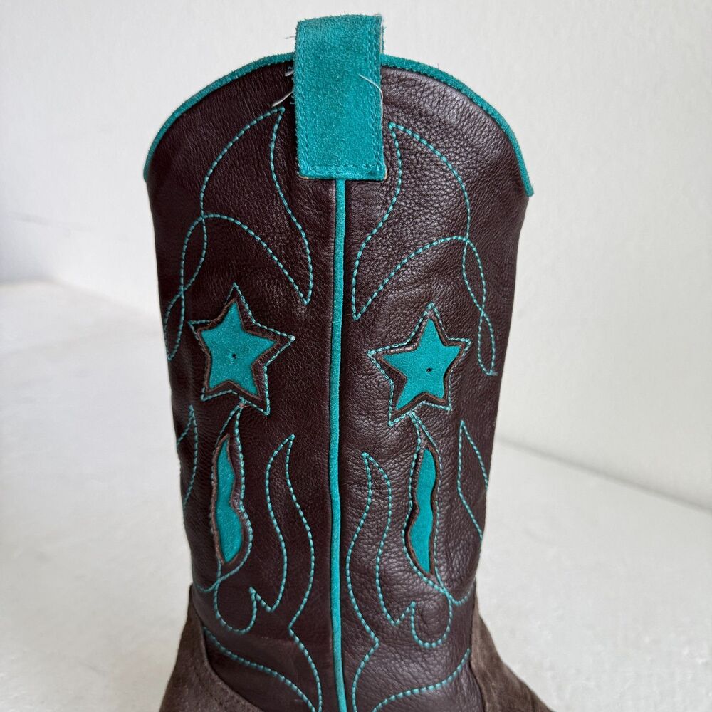 Brown Suede & Leather Cowboy Boots Turquoise Star Embroidery Women’s Size 38 - Picture 10 of 13